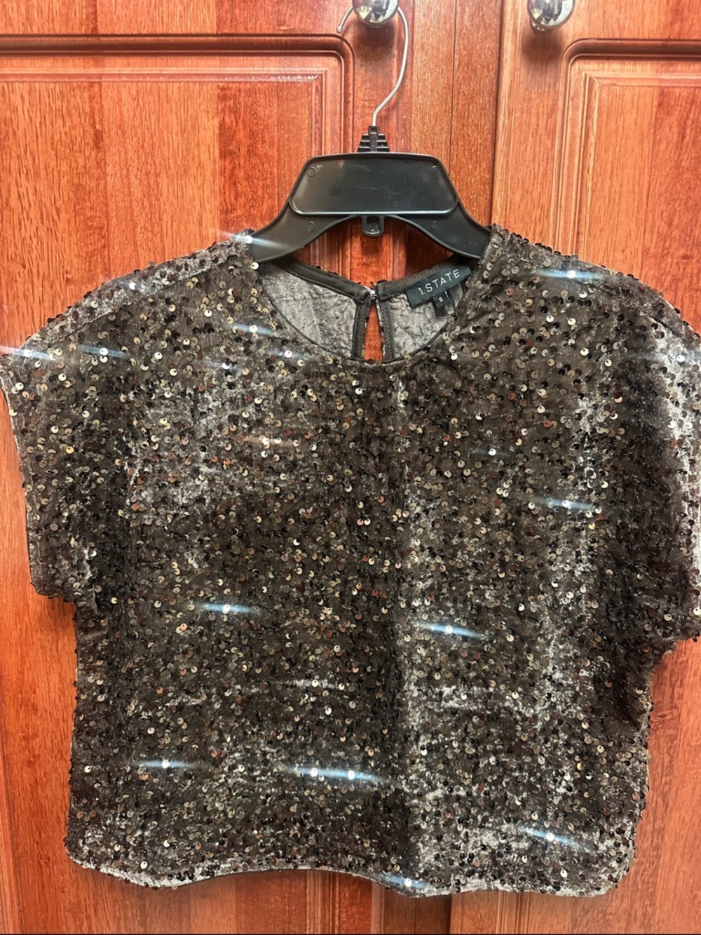 1. State Black Sequin Cropped Short Sleeve Top